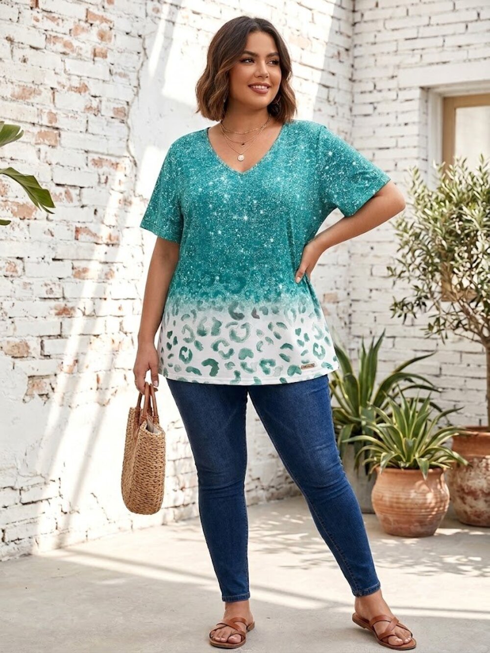Emerald Green Bleach-Dye & Animal Print V-Neck Tee